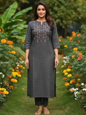 Charcoal Grey Khadi Cotton Straight Kurta with Embroidery