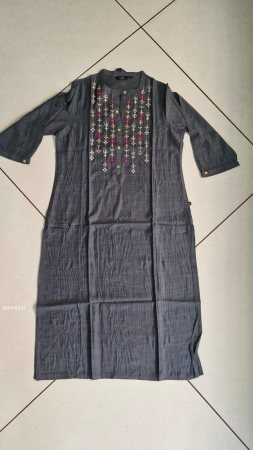 Charcoal Grey Khadi Cotton Straight Kurta with Embroidery