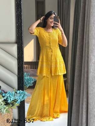 Chicken Georgette Yellow Jacket Blouse Sharara Set