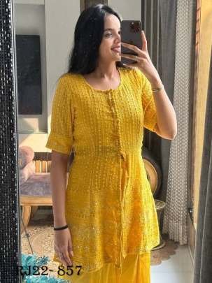 Chicken Georgette Yellow Jacket Blouse Sharara Set