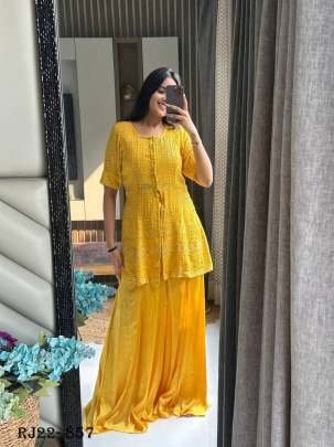 Chicken Georgette Yellow Jacket Blouse Sharara Set