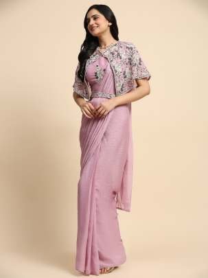 Chiffon Light Pink Saree With Embroidered  Belt