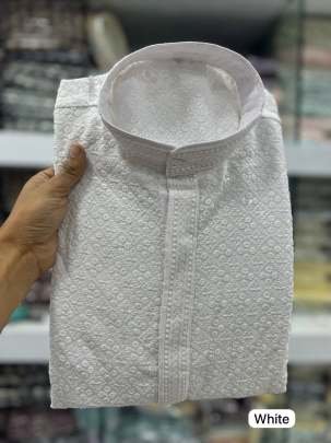 Chikan Work Rayon White Kurta Pyjama