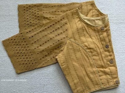 Chikoo Color Jaipuri Goli Hakoba Boat Neck Ready made Blouse with Wooden Button
