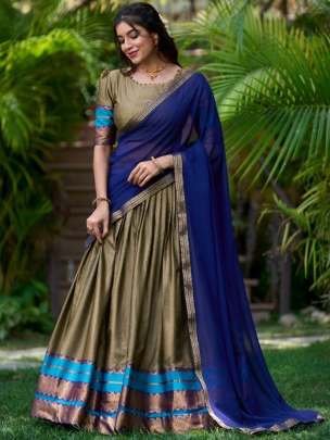 Chikoo Colour  With Blue Dupatta South Indian Type Half Lehenga Saree