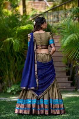 Chikoo Colour  With Blue Dupatta South Indian Type Half Lehenga Saree