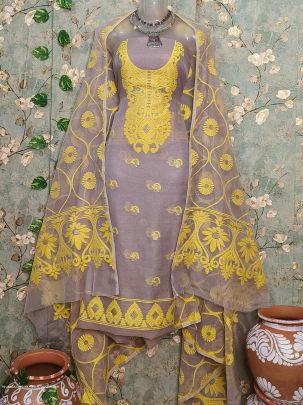Chiku And Yellow Designer Dhakai Jamdani Dress Material
