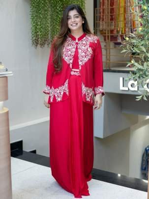Chinnon Silk Red Indo Western Dress With Embroidery Work Blouse