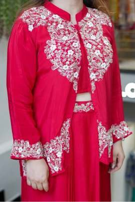 Chinnon Silk Red Indo Western Dress With Embroidery Work Blouse