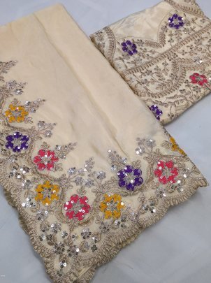 Chinnon Silk With Multi Thread Embroidery saree with Sequence  Blouse