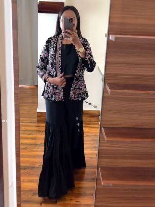 Chinon Embroidery Work  Black Three Piece Indo Western Set