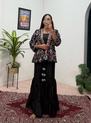 Chinon Embroidery Work  Black Three Piece Indo Western Set