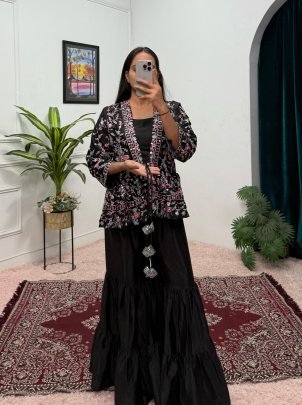 Chinon Embroidery Work  Black Three Piece Indo Western Set