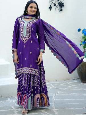 Chinon Embroidery  Work Purple Sharara Suit