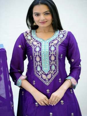 Chinon Embroidery  Work Purple Sharara Suit