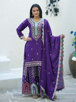 Chinon Embroidery  Work Purple Sharara Suit