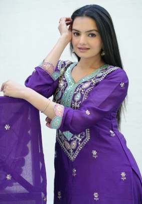 Chinon Embroidery  Work Purple Sharara Suit