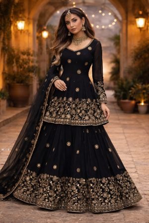 Chinon Silk Black Real Mirror Work Lehenga For Cocktail