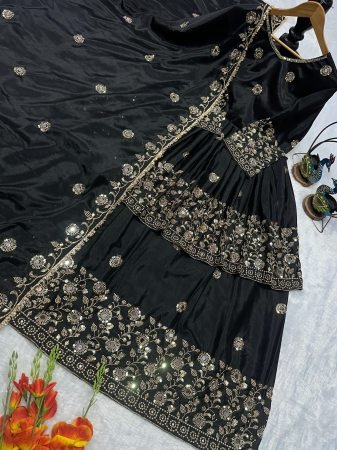 Chinon Silk Black Real Mirror Work Lehenga For Cocktail