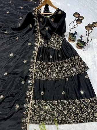 Chinon Silk Black Real Mirror Work Lehenga For Cocktail