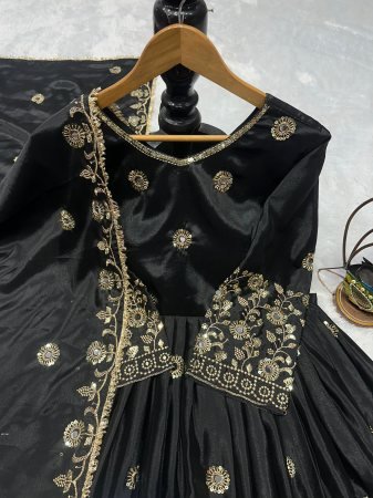 Chinon Silk Black Real Mirror Work Lehenga For Cocktail
