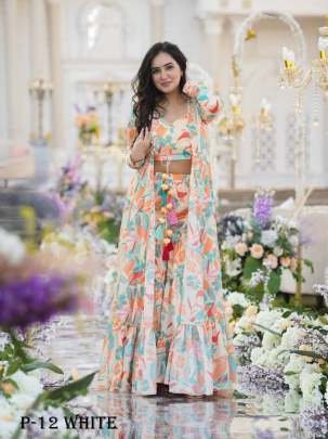 Party Wear Chinon Silk Frost White Indo Western Dress With Shrug