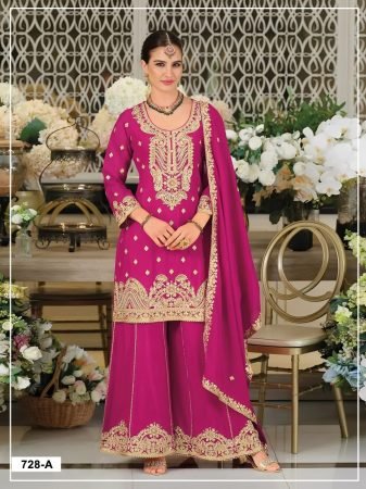 Chinon Silk Heavy Embroidered Rani Pink Dress Material