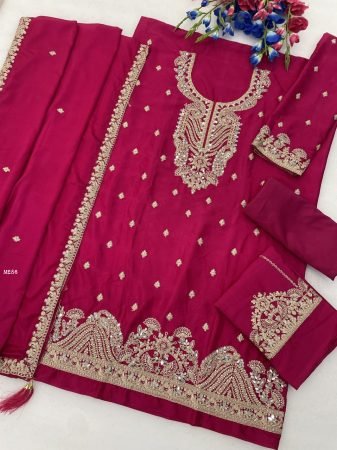 Chinon Silk Heavy Embroidered Rani Pink Dress Material