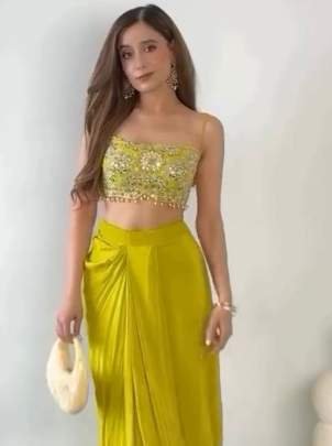 Chinon Silk Lemon Yellow  Sequence Work Dhoti Choli Shrug