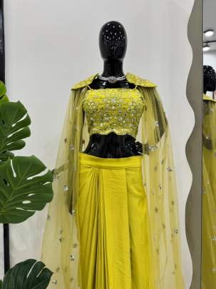 Chinon Silk Lemon Yellow  Sequence Work Dhoti Choli Shrug