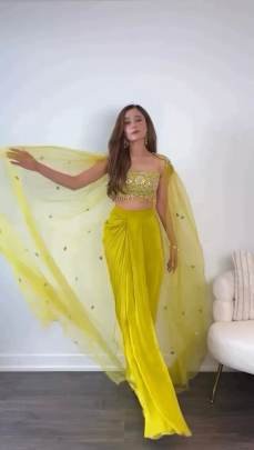 Chinon Silk Lemon Yellow  Sequence Work Dhoti Choli Shrug