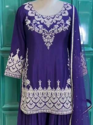 Chinon Silk Purple 3 Mm Sequence Work Palazzo Suit