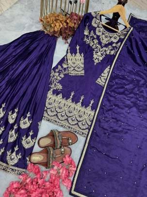 Chinon Silk Purple 3 Mm Sequence Work Palazzo Suit