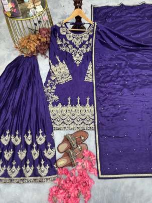 Chinon Silk Purple 3 Mm Sequence Work Palazzo Suit