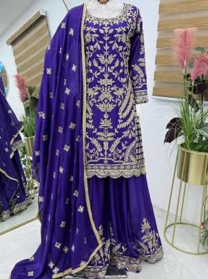 Chinon Silk Purple Embroidery Coding Sequence Sharara Suit
