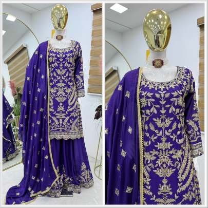 Chinon Silk Purple Embroidery Coding Sequence Sharara Suit
