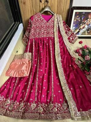Chinon Silk Rani Pink Sequins Embroidery Work Sharara Suit