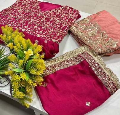 Chinon Silk Rani Pink Sequins Embroidery Work Sharara Suit