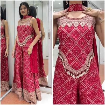 Chinon Silk Red Color  Kodi Lace Palazzo Suit