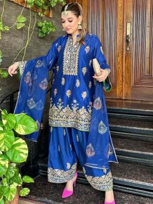 Chinon Silk Sequence Embroidery Blue Kurti Palazzo Set