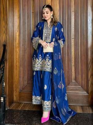 Chinon Silk Sequence Embroidery Blue Kurti Palazzo Set