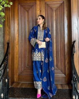 Chinon Silk Sequence Embroidery Blue Kurti Palazzo Set