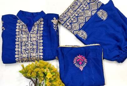 Chinon Silk Sequence Embroidery Blue Kurti Palazzo Set