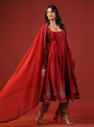 Chinon Silk With Embroidery Sequence Work Red Anarkali Suit 