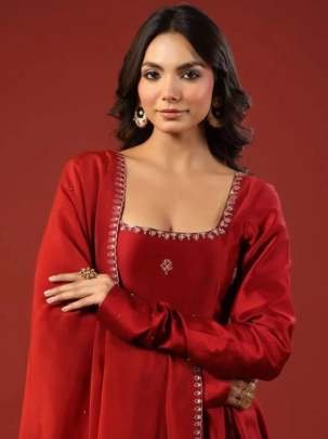 Chinon Silk With Embroidery Sequence Work Red Anarkali Suit