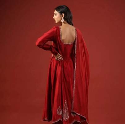 Chinon Silk With Embroidery Sequence Work Red Anarkali Suit