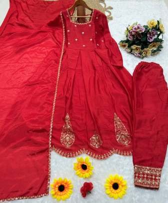 Chinon Silk With Embroidery Sequence Work Red Anarkali Suit