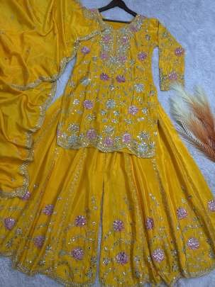 Chinon Silk  Yellow Colour Palazzo Suit
