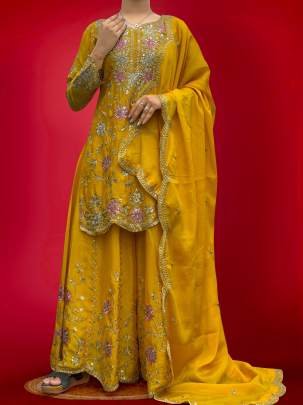 Chinon Silk  Yellow Colour Palazzo Suit