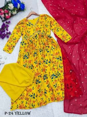 Chinon Yellow Hand Work Kurti Pant Set With Dupatta